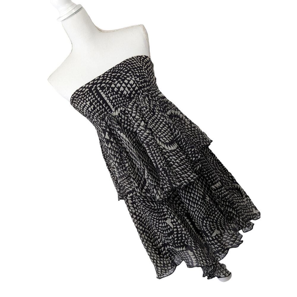 BCBGMAXAZRIA! PURE SILK BLACK, CREAM RUFFLED, TIERED MINI DRESS, CRINKLED! SZ S